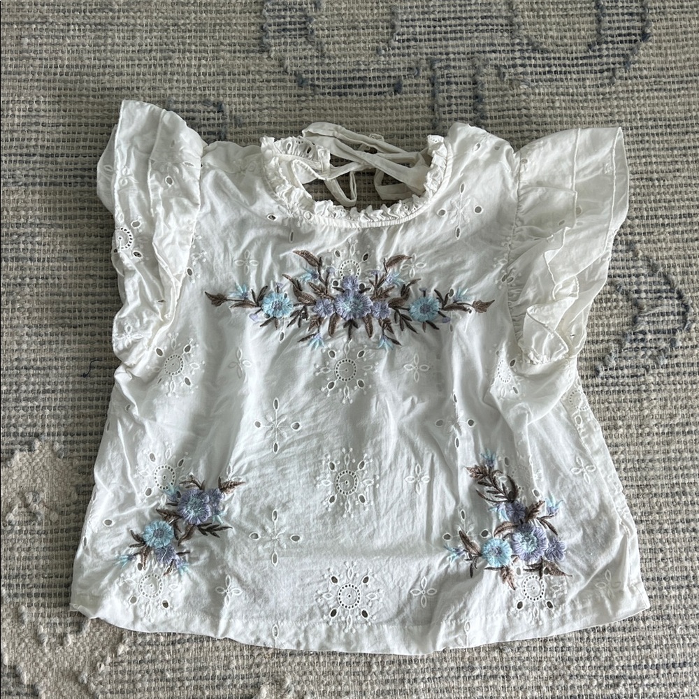 Free People White Blouse with Blue Floral Embroidery